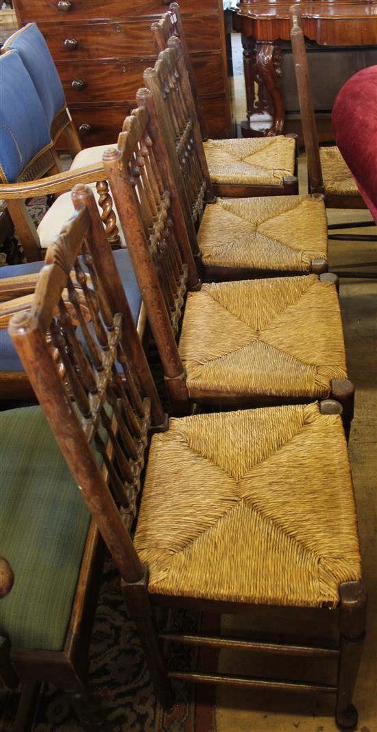 6 oak rush seat spindle-back chairs